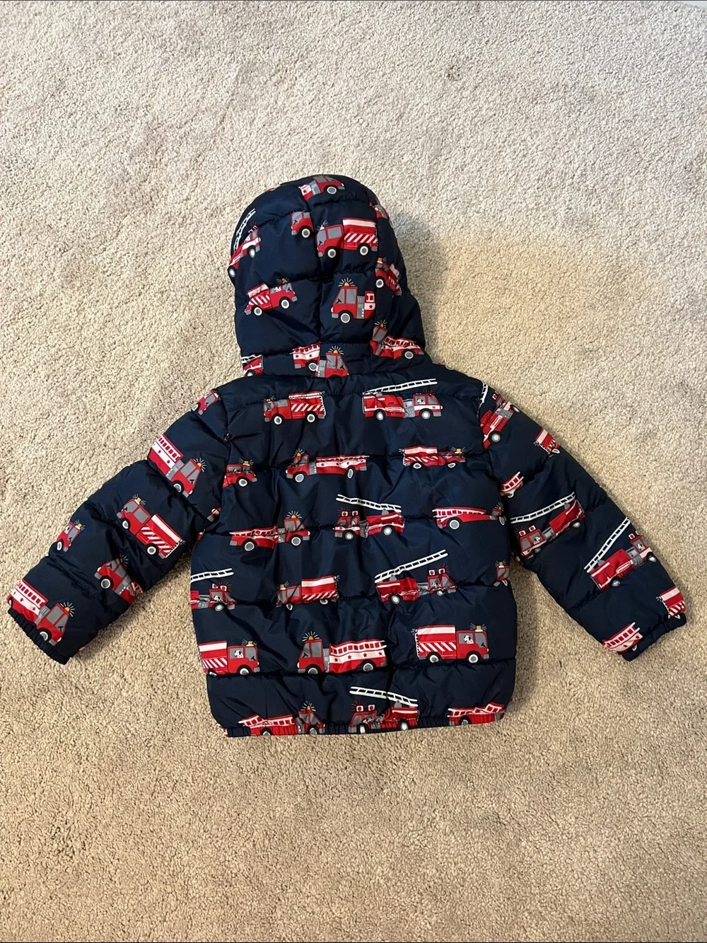 The Children's Place Navy and Red Fire Truck Puffer Jacket